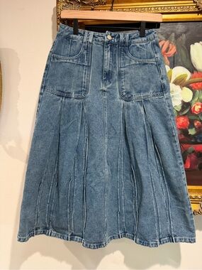 Vintage Kuose High-Waist Denim A-Line Midi Skirt - Blue